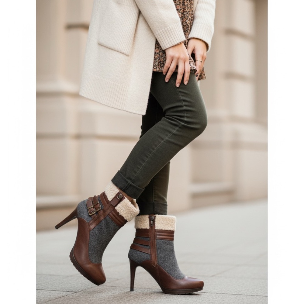 Elle Faux Fur & Wool Sherpa Lined‎ Zip-Up Buckle Boots | Size 6.5M